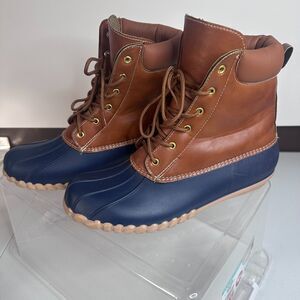 Outwoods Duck Boots Men’s 10 Brown Navy Waterproof Winter Snow Warm Lined